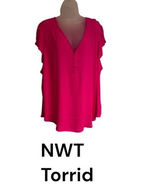 NWT Beautiful TORRID  Hot Pink V-Neck Flutter Sleeve Blouse PLUS; 3X/4X    #11